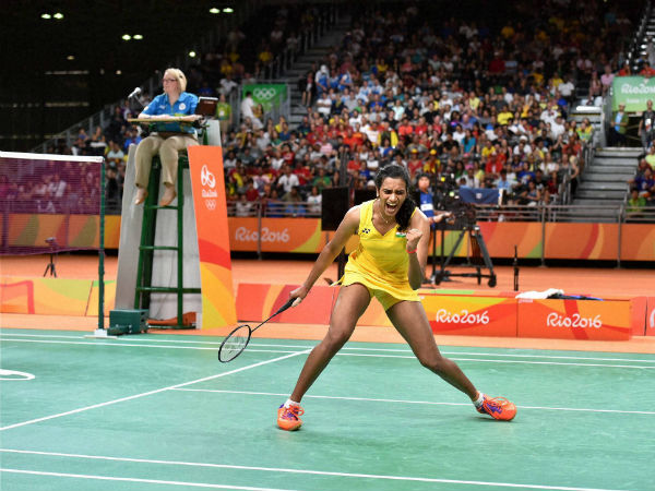 Sindhu jubilant after scoring a point