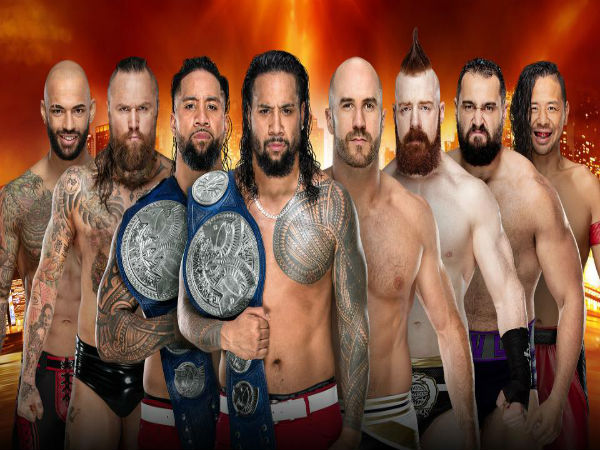 Smackdown Tag Team Championship: The Usos vs. Ricochet & Aleister Black vs. The Bar vs. Shinsuke Nakamura & Rusev (Fatal 4-Way Match)
