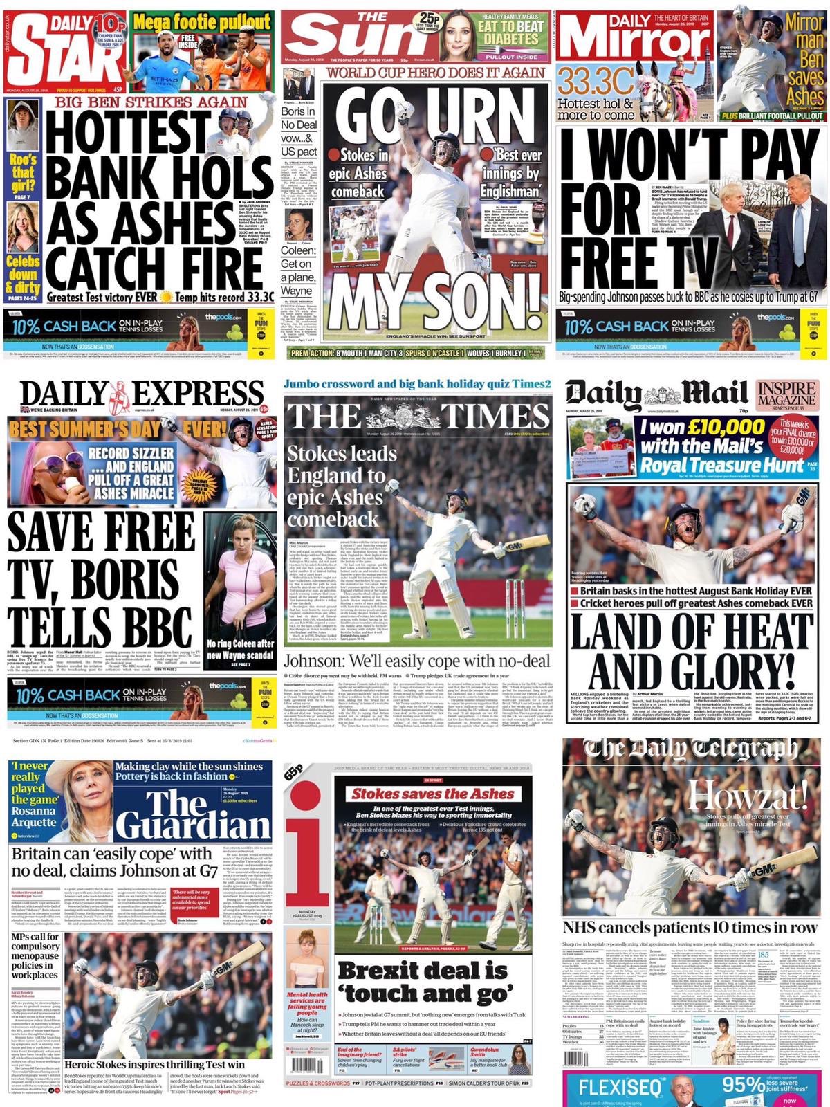 Ashes 2019 English newspapers knight 'Superhero' Ben Stokes after