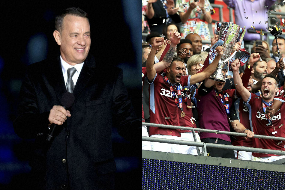 Aston Villa fan Tom Hanks celebrates 'win', four weeks before match