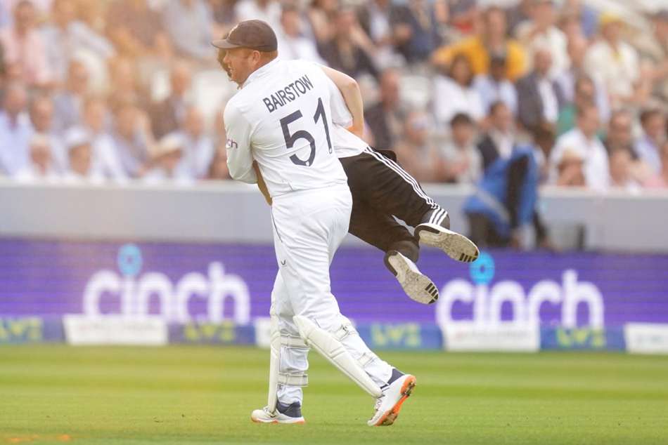 Jonny Bairstow carries a Just Stop Oil protester off the pitch Jonny Bairstow carries a Just Stop Oil protester off the pitch